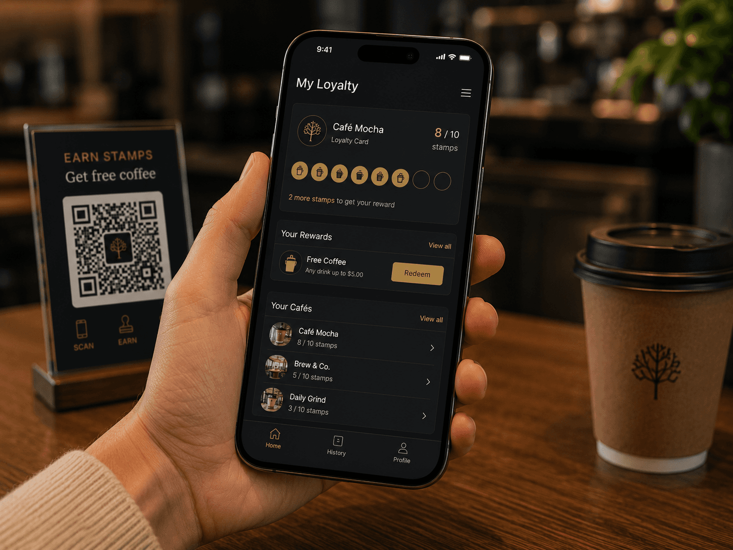 Kunde mit Smartphone, das sein Qafey-Treue-Dashboard zeigt – Stempelfortschritt, Prämien und eine Liste nahegelegener Cafés – neben einem QR-Stempel-Display auf einem Café-Tresen.