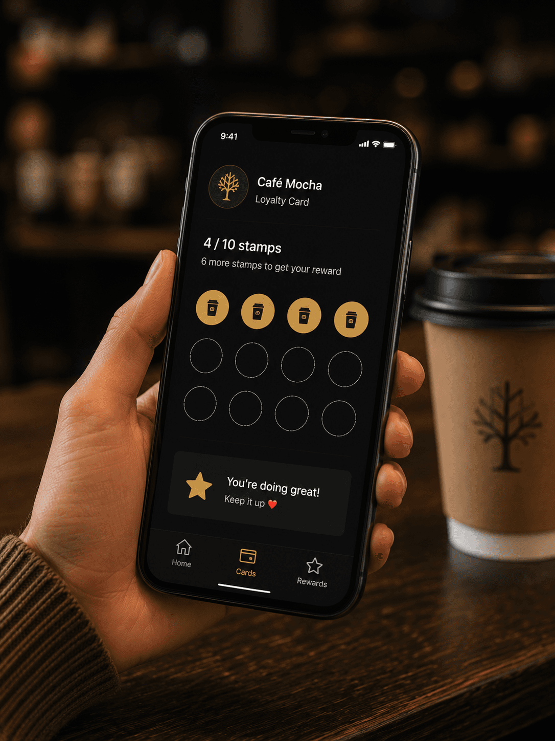 Handy des Kunden zeigt die Qafey-Café-Mocha-Treuekarte, die sich mit Stempeln füllt – auf dem Weg zum nächsten Gratiskaffee.